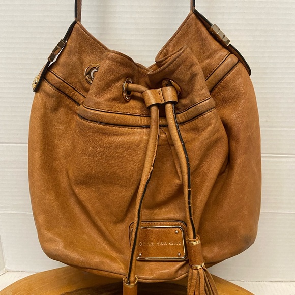 Joelle Hawkens Soft Smooth Caramel Color Leather Drawstring Bucket Bag - Picture 2 of 16